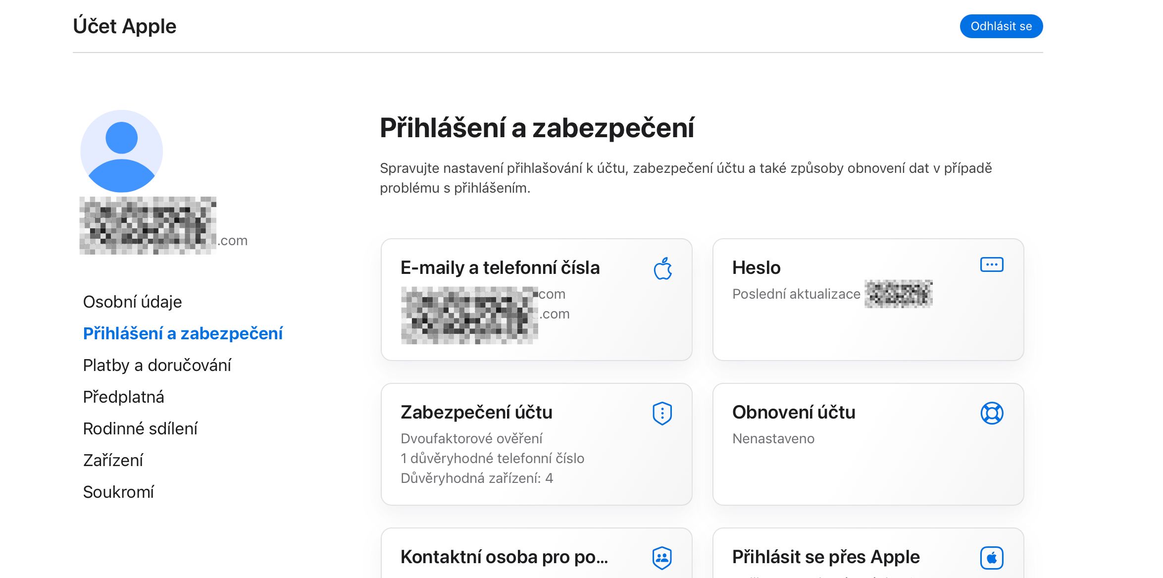 Stranka uctu Apple ID so sekciou Prihlasenie a zabezpecenie