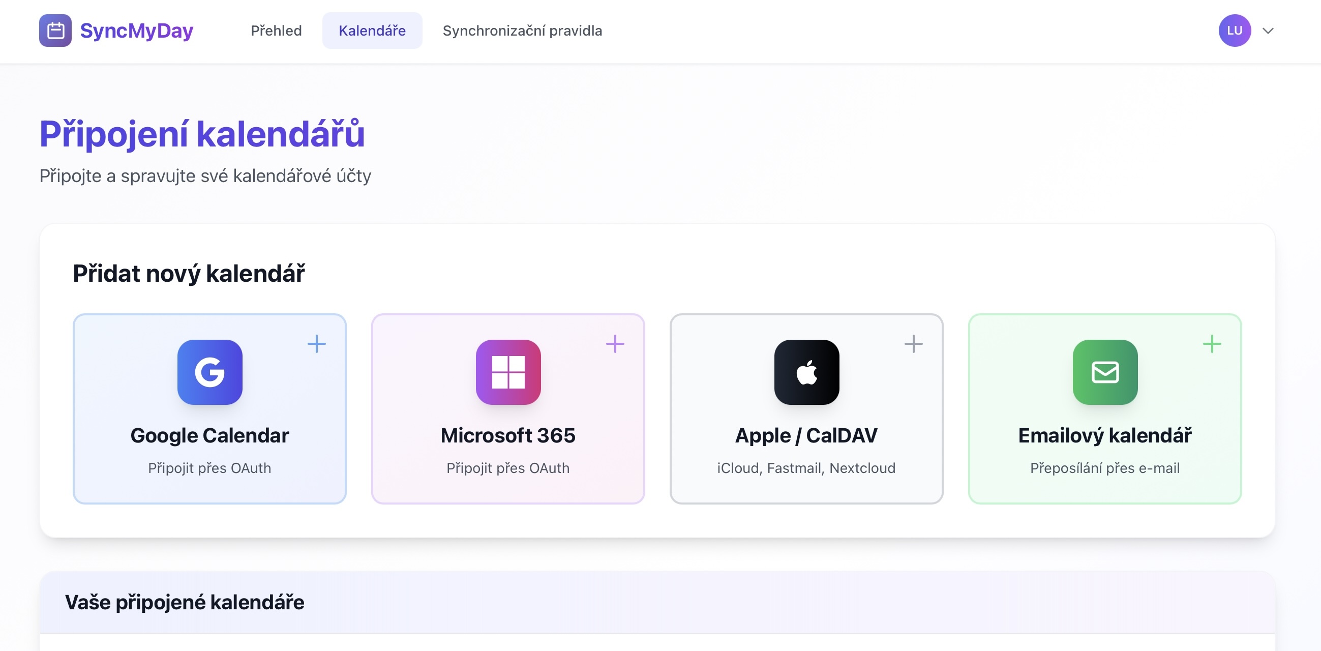 Stranka Pripojenia kalendarov s moznostami Google Calendar, Microsoft 365, Apple/CalDAV a Emailovy kalendar