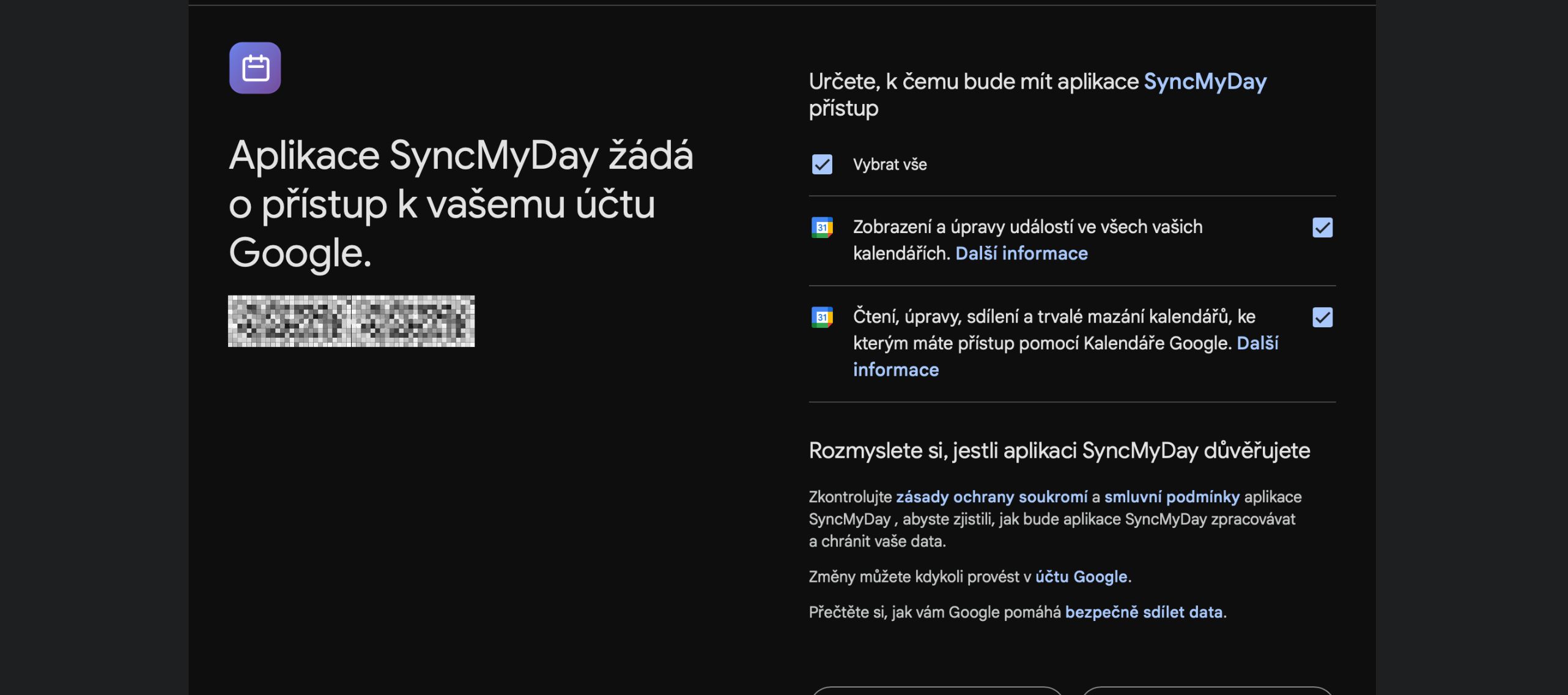 Obrazovka suhlasu s opravneniami Google OAuth