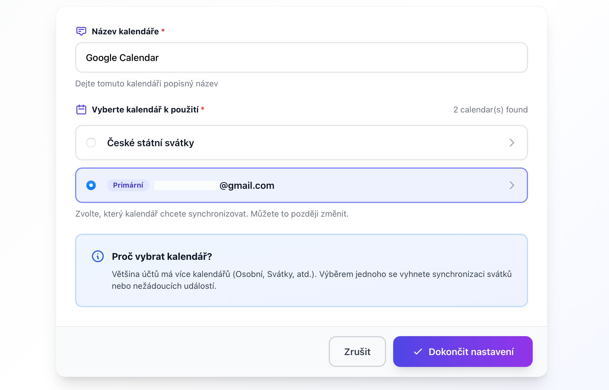Dialog vyberu kalendarov z Google uctu