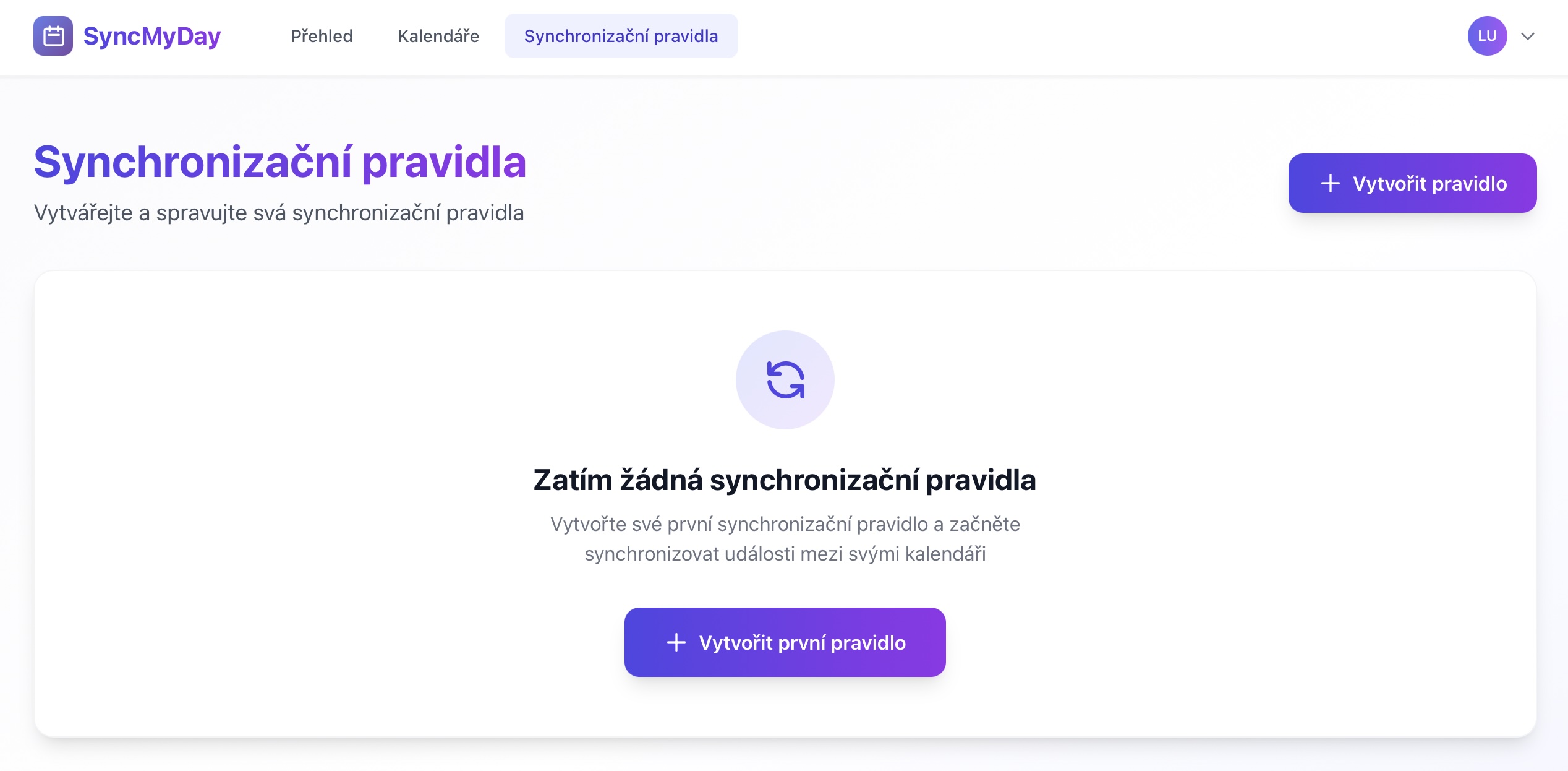 Dashboard so zvyraznenym menu Pravidla synchronizacie