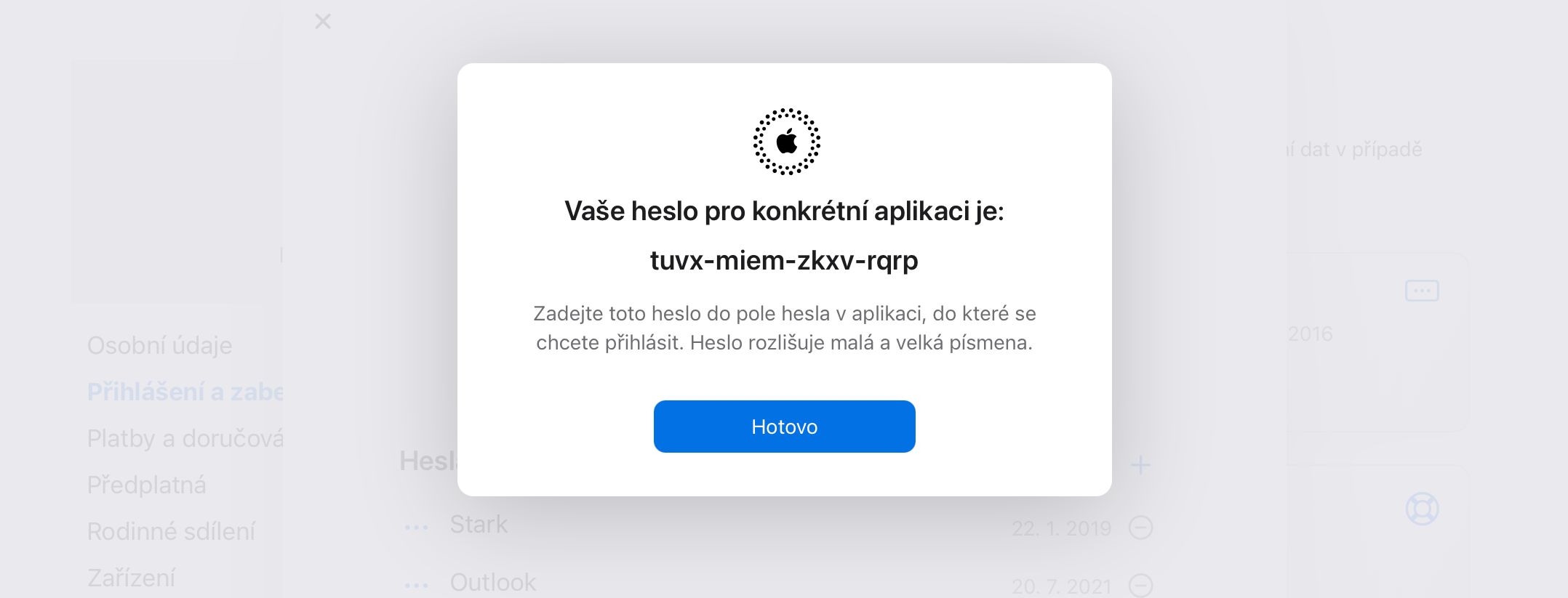 Generated app-specific password displayed