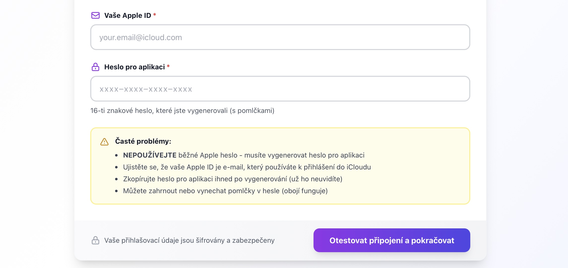 iCloud connection form with email and password fields