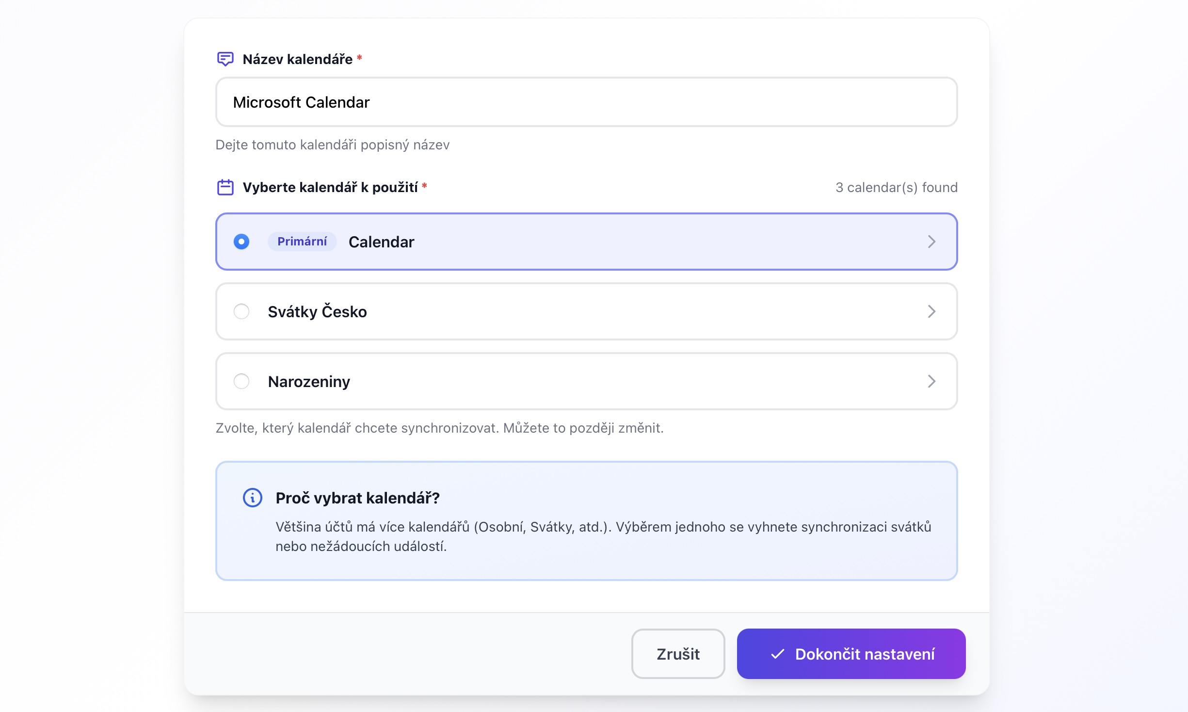 Calendar selection dialog from Microsoft account