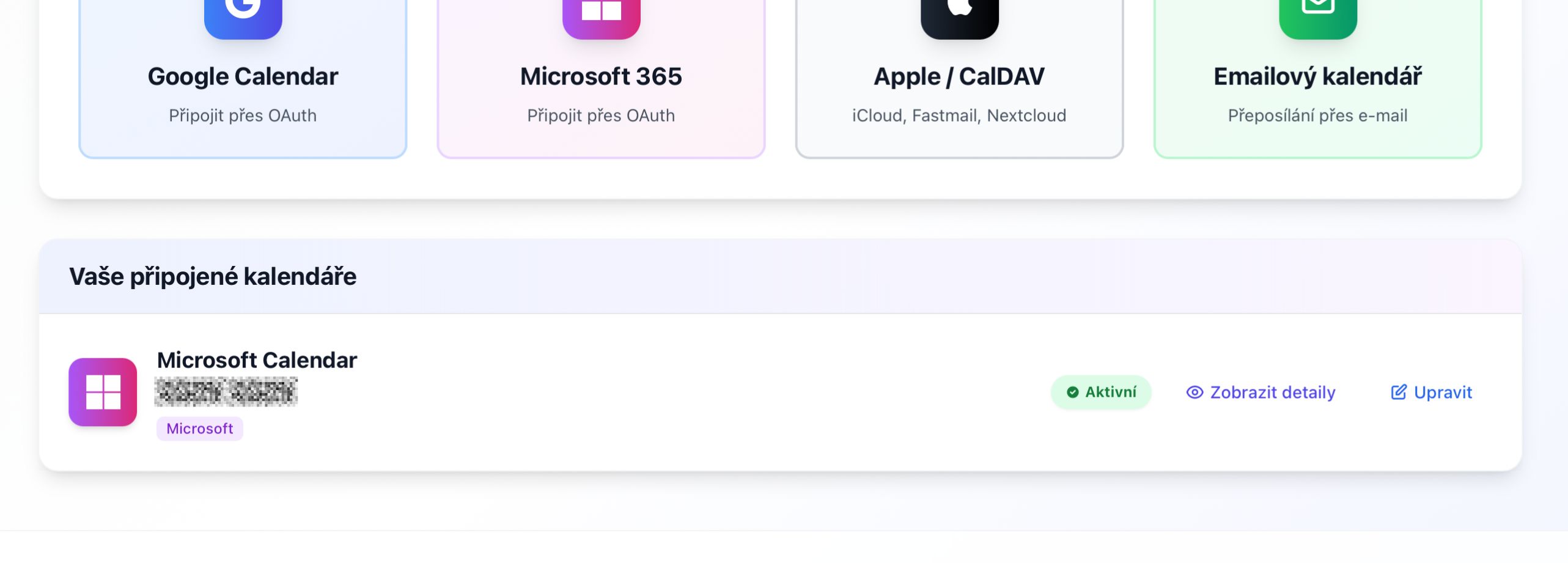 Connected calendars list with Microsoft 365 showing Active status