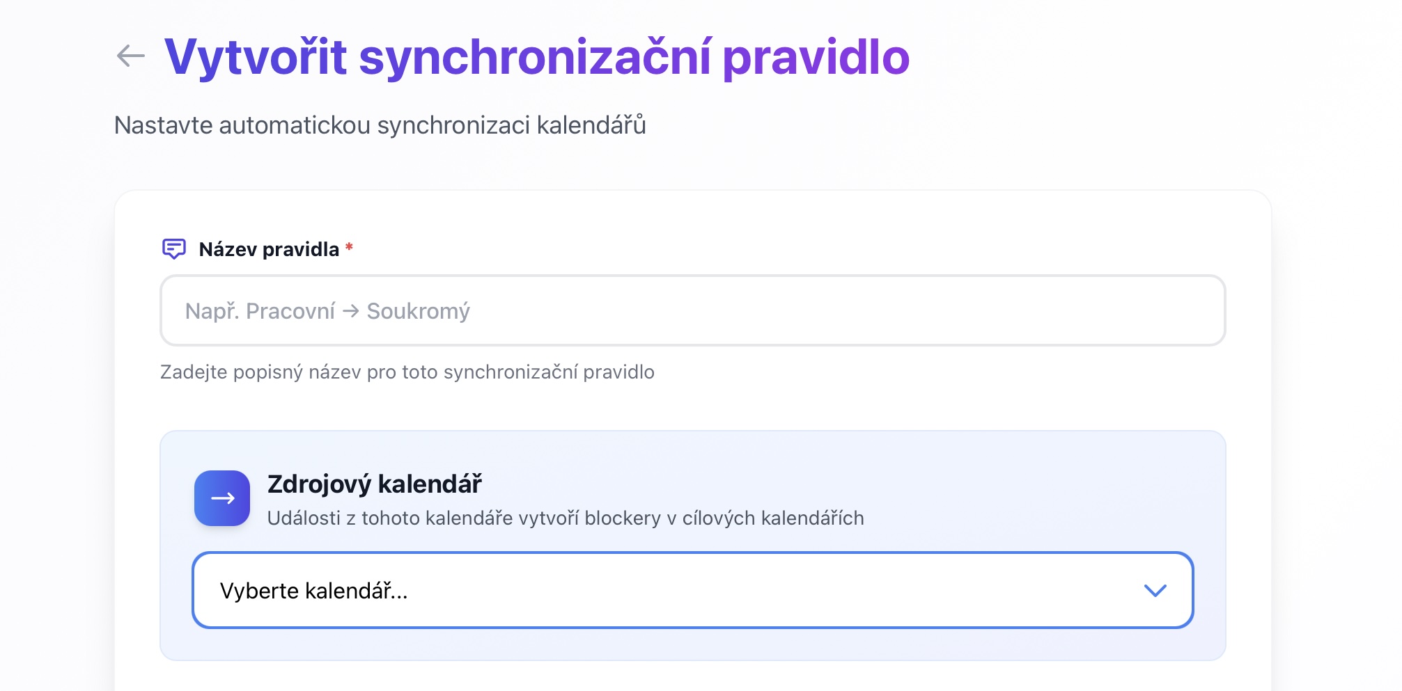 Source calendar dropdown showing connected calendars